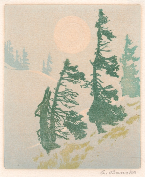 Albert Banska, Wettertannen im Winter, Farbholzschnitt