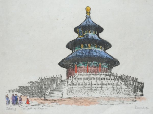 Emma Bormann-Milch, Beijing Temple of Heaven, kolorierter Linolschnitt