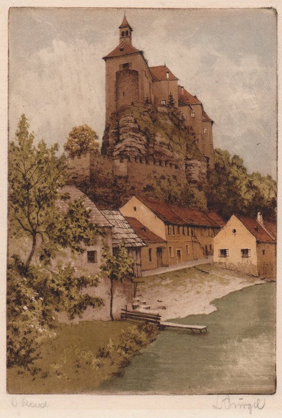 Ludwig Brgel, Burg ber einem Fluss, Farbradierung