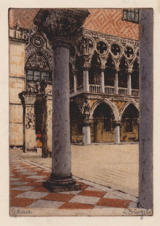 Ludwig Brgel, Sulen vor einer Kathedrale, Farbradierung