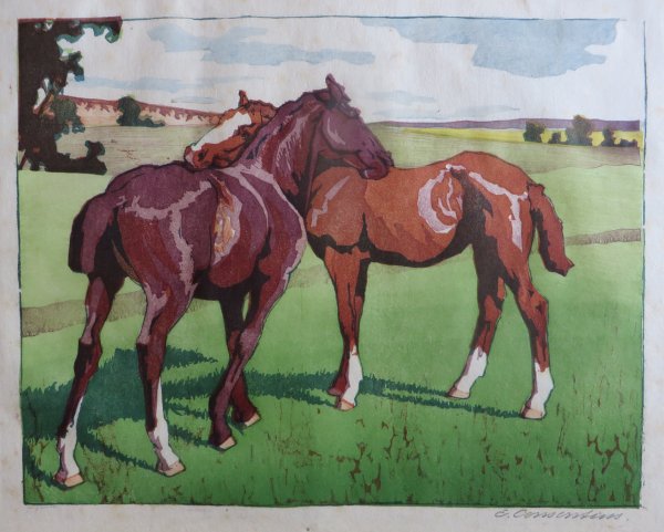 Consentius, Elisabeth: Pferde auf der Weide  (Farbholzschnitt)