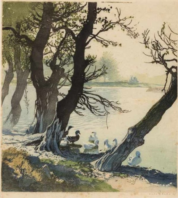 Hans Frank, An der alten Donau, Wildenten, Farbholzschnitt 1927