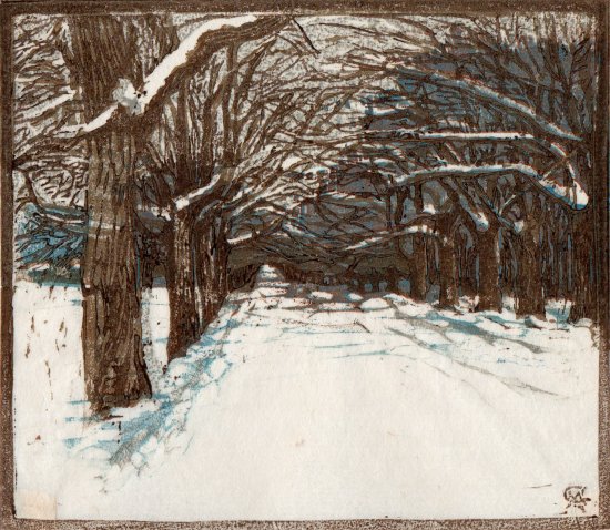 Margarete Geibel, Verschneite Allee, Farbholzschnitt 1908