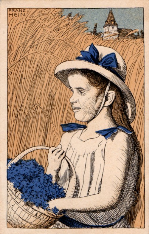 Hein, Franz: Postkarte fr den Verein fr Wohlfahrtspflege im  Bezirke Leipzig (Kornblumenfest 1912)