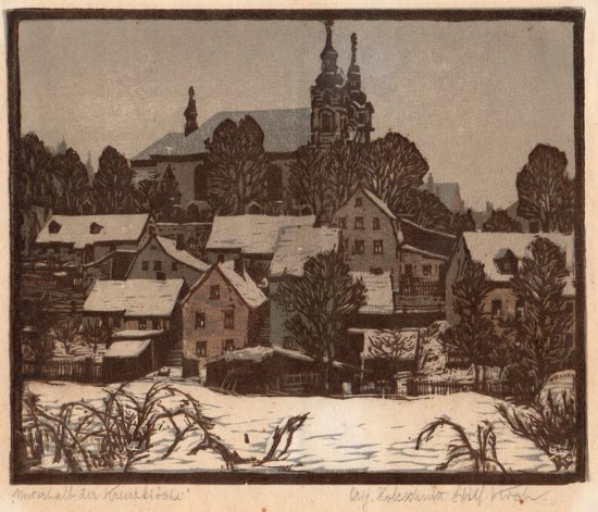 Wilhelm Koch, Unterhalb der Kreuzkirche, Farbholzschnitt, Alt-Reichenberg, Liberec