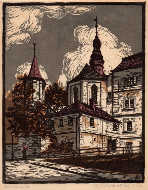 Wilhelm Koch, Schloßkapelle, Farbholzschnitt, Alt-Reichenberg, Liberec