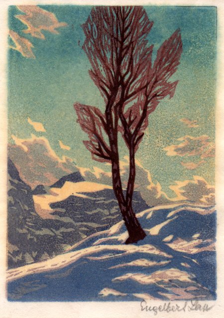 Engelbert Lap: ohne Titel (Baum im winterlichen Gebirge) (Farbholzschnitt)