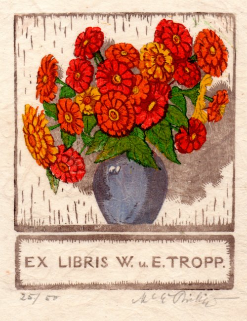 Martin Erich Philipp (MEPH): Ex libris W. u. E. Tropp (Zinnien in Vase) (Farbholzschnitt 1949)