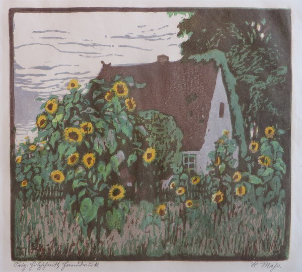 Ma, Helene: Haus mit Sonnenblumen (Farbholzschnitt)