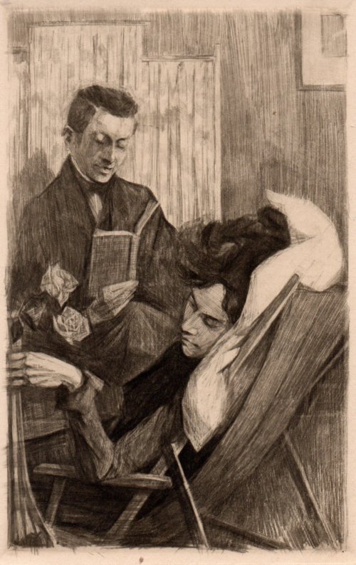 Hans Neumann jr, Junge Frau im Liegestuhl mit dem Knstler, Radierung 1901