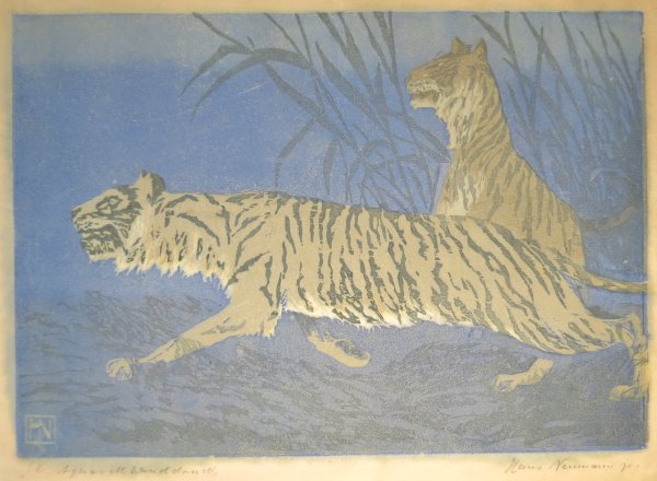 Hans Neumann jr., Tiger, Farbholzschnitt, Aquarellhanddruck