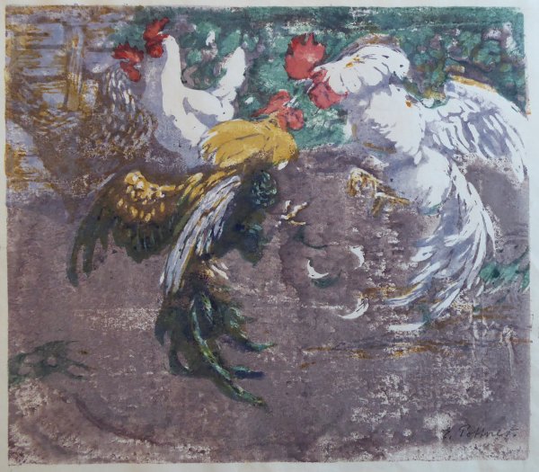 Emil Pottner, Kämpfende Hähne, Farbholzschnitt