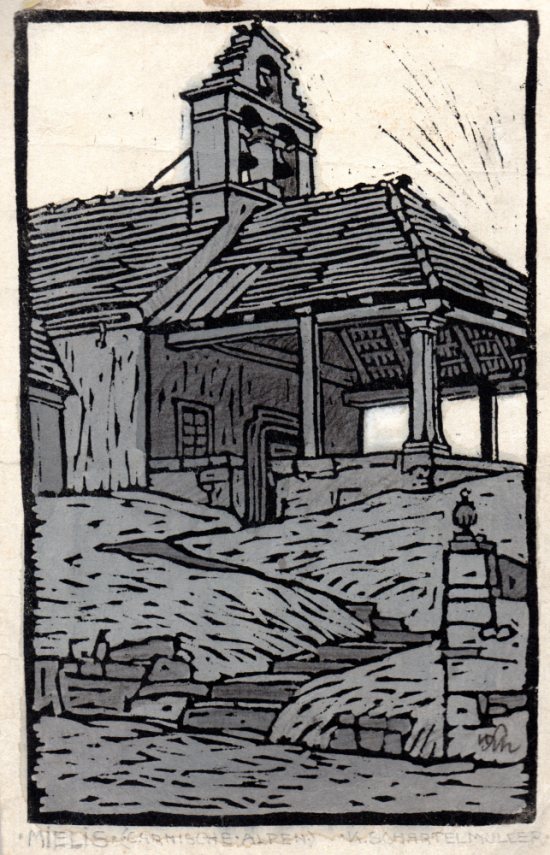 Karl Schartelmller, Mielis, Mieli, Karnische Alpen, San Leonardo, Farbholzschnitt