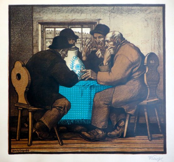 Rudolf Schiestl  "Die Trinker" (Lithographie)