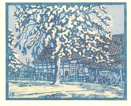 Spie, Julius: Blhender Baum vor Bauernhaus (Farbholzschnitt 1922)