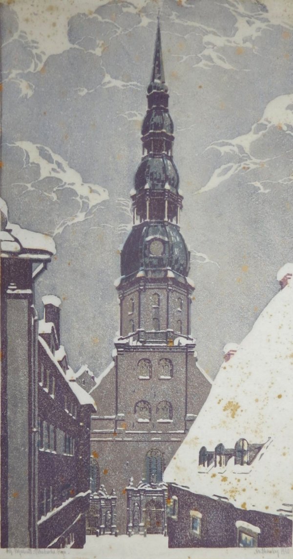 Alexander von Stromberg, Petrikirche Riga, Farbholzschnitt 1930