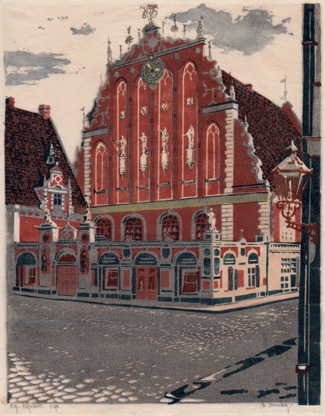 Alexander von Stromberg, Schwarzhupterhaus, Riga, Farbholzschnitt 1926