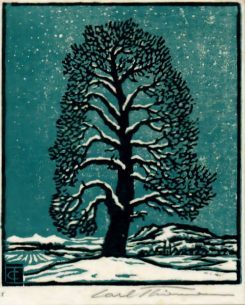 Carl Thiemann: Baum in Winterlandschaft (Farbholzschnitt 1909)