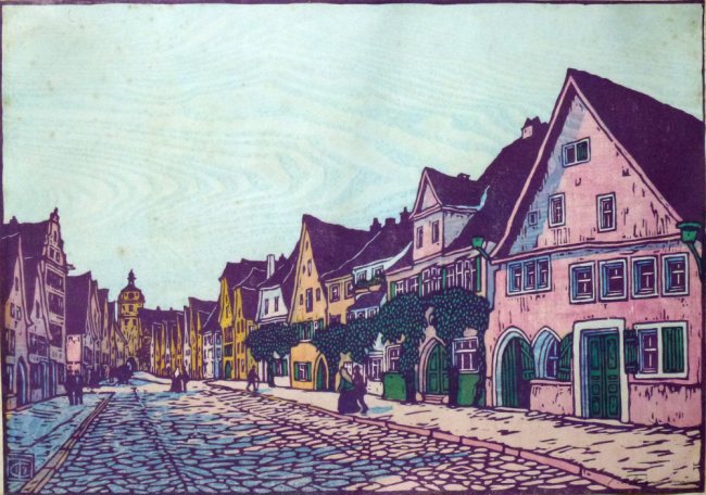 Carl Thiemann, Rothenburg, Wrzburger Strae, Farbholzschnitt 1913