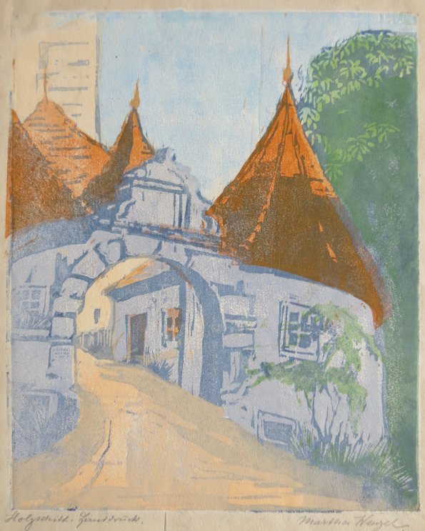 Martha Wenzel, Burgtor Rothenburg ob der Tauber, Farbholzschnitt