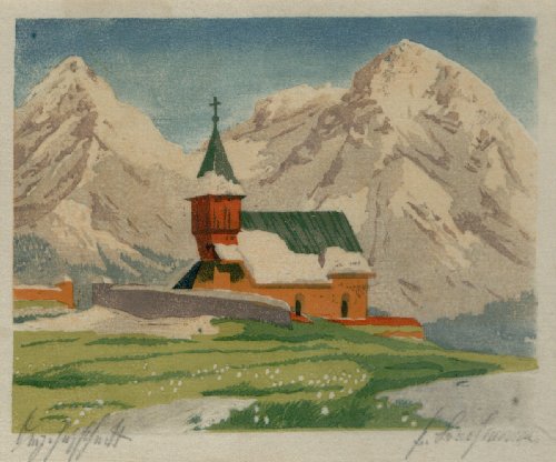 Bochmann: "Kappelle im Gebirge"  (Farbholzschnitt)