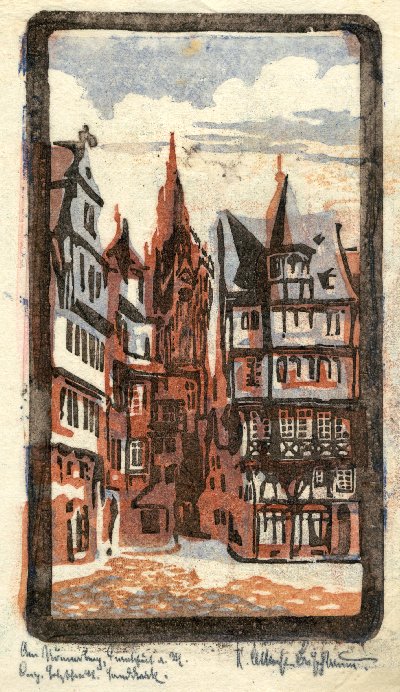 Karl Albrecht Buschbaum: "Am Rmerberg Frankfurt" (Farbholzschnitt)