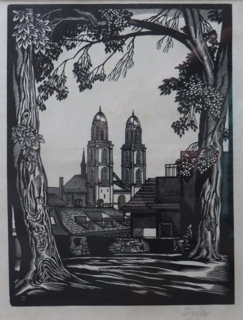 Diveky, Jozsef: Sicht auf das Grossmnster (Zrich) vom Lindenhof aus gesehen (Holzschnitt 1918)