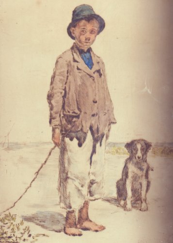 Edvi Illés Aladár: kolorierte Radierug (Junge mit Hund)