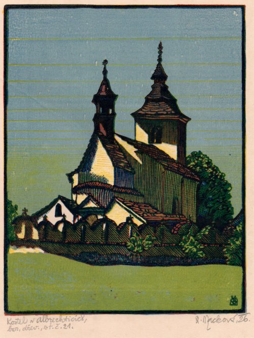 Anna Mackova: Kostel v Albrechticich (Albrechtice) (Farbholzschnitt 1926)