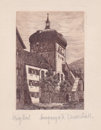 Vinzenz Marschall: "Bregenz" (Martinsturm), Radierung, 