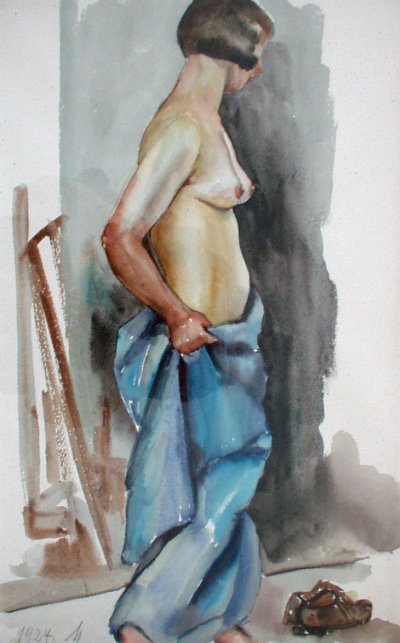 Wilhelmine Merker (AU): Weiblicher Akt im Studio, Aquarell