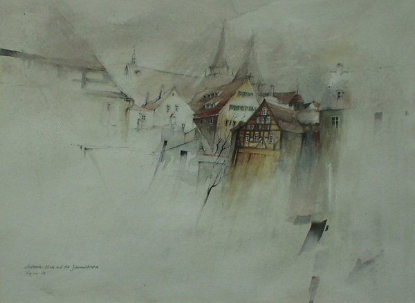 Reiner Grunwald: "Ansbach, Blick auf die Johanniskirche", 1991", Aquarell