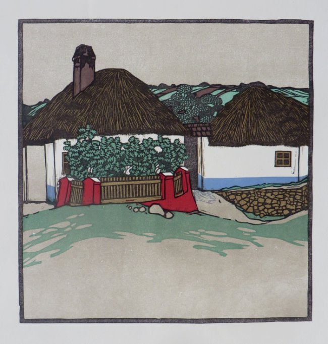 Schwetz: Slowakisches Bauernhaus  (Farblinolschnitt)
