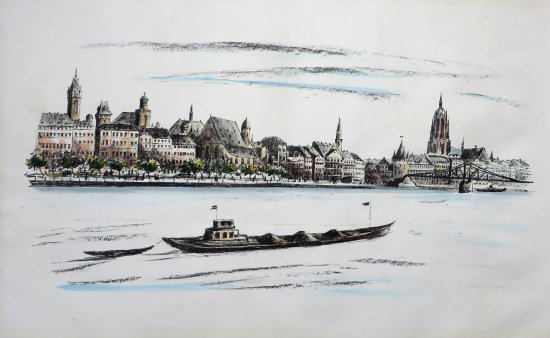 Karl Tomforde: "Frankfurt, Mainufer" (Lithographie)